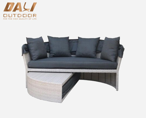 Outdoor Sunbed 2-in-1 Round Poly Rattan Wicker Black Daybed Sofa Garden with Retractable Canopy